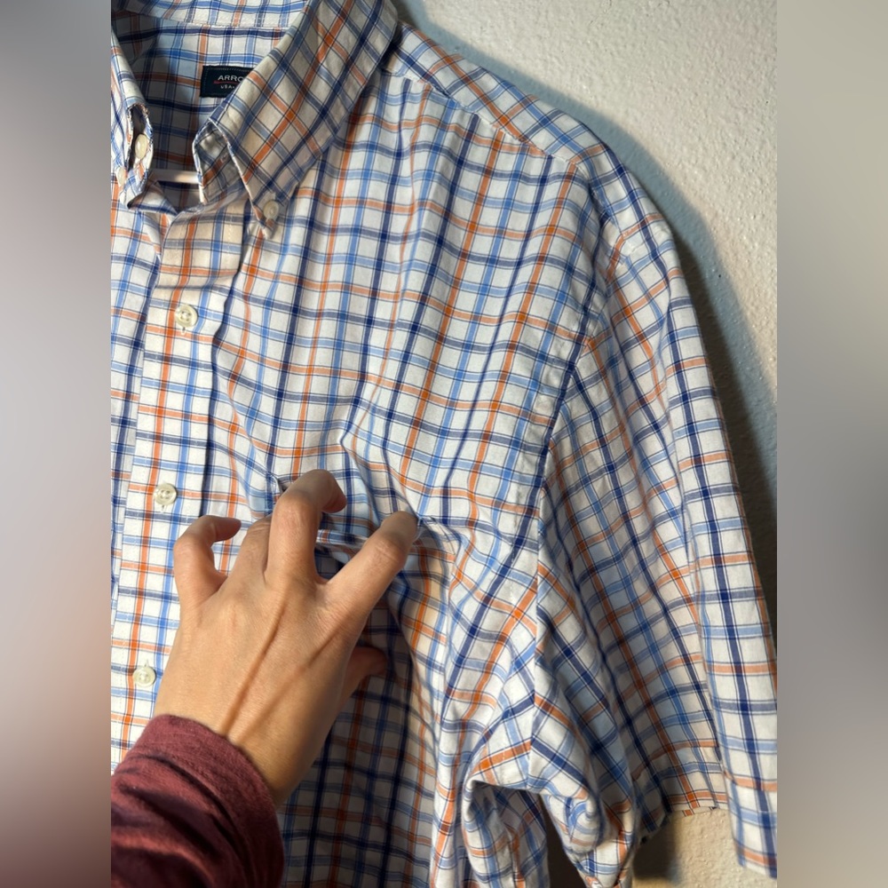 Arrows classic short sleeve button down shirt orange blue and white men size L - Picture 3 of 6